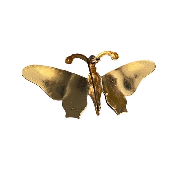 Spain Damascene Butterfly Brooch Signed Gold Tone Yellow Enamel Pin Red Head - Picture 3 of 11